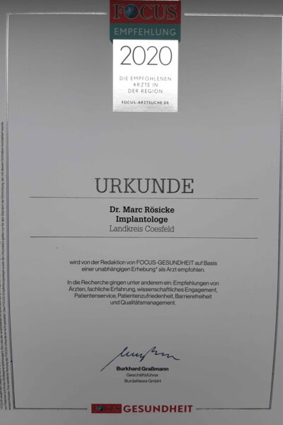 2020 Focus Urkunde Rösicke Zahnärzte Am Alten Sportplatz